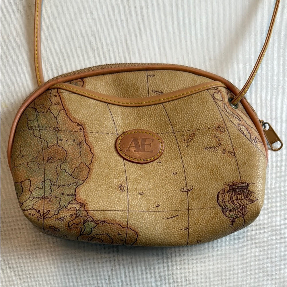 AE Tan Map Design Small Zipped Crossbody Bag